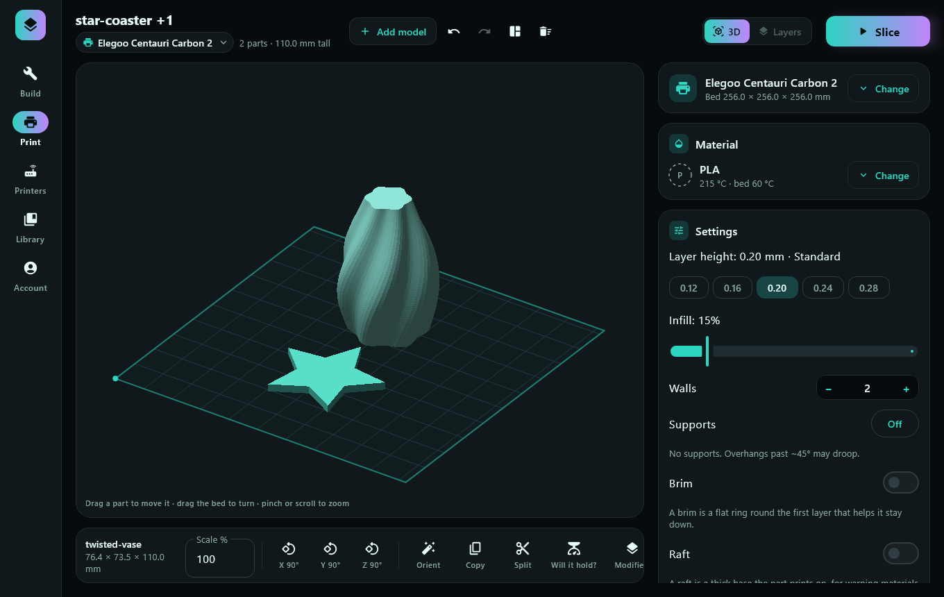 WrenSlicer desktop app with a model arranged on the print bed